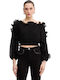 Women's Crop Top Cotton Long Sleeve Black