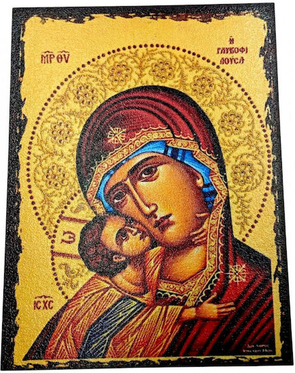 Ξύλινη Εικόνα Εκτυπωμένη Παναγία Γλυκοφιλούσα 90mm 2τμχ