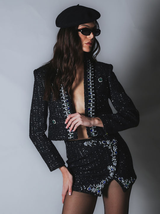 Sotris Scurt Blazer pentru femei Tweed Sacou Black