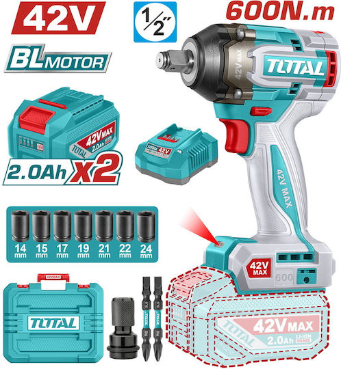 Total Brushless Μπουλονόκλειδο Μπαταρίας 42V 2x2Ah με Υποδοχή 1/2"