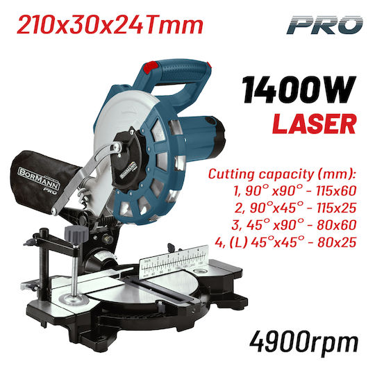 Bormann Miter Saw Electric with Power 1400W, Laser Guide, Cutting Disc Diameter 210mm & Cutting Speed 4900rpm