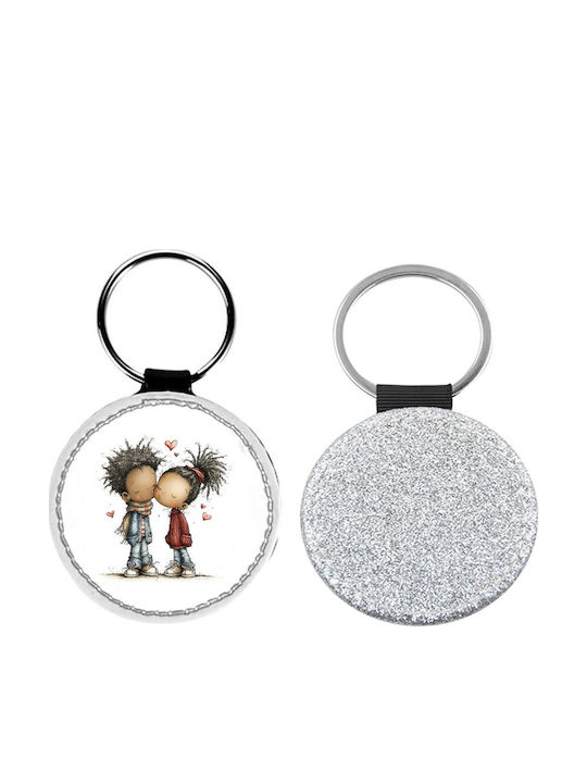 Leather Round Valentine's Day Couples Glitter Silver Keychain