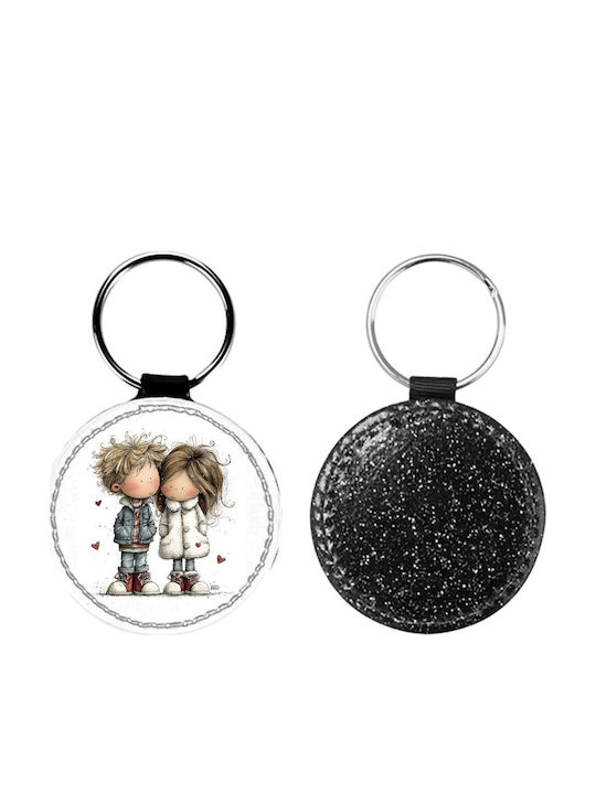 Breloc Rotund Din Piele Ziua Îndrăgostiților Cupluri Glitter Negru