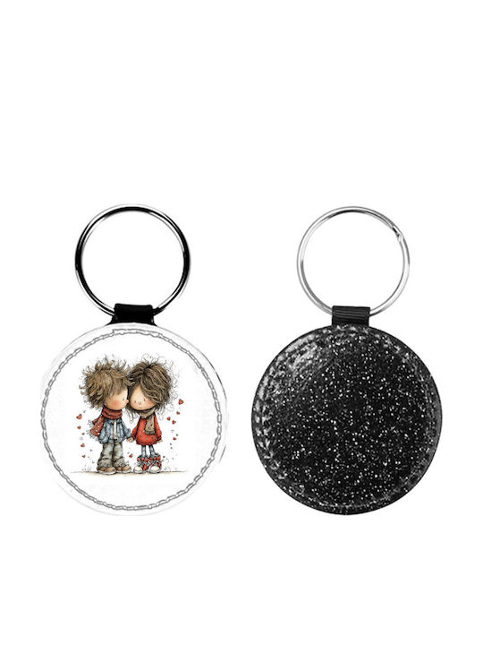 Leather Round Keychain Saint Valentine's Couples Glitter Black