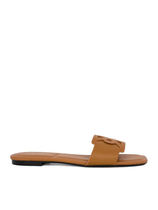 Leather Women's Flat Sandals in Tabac Brown Color