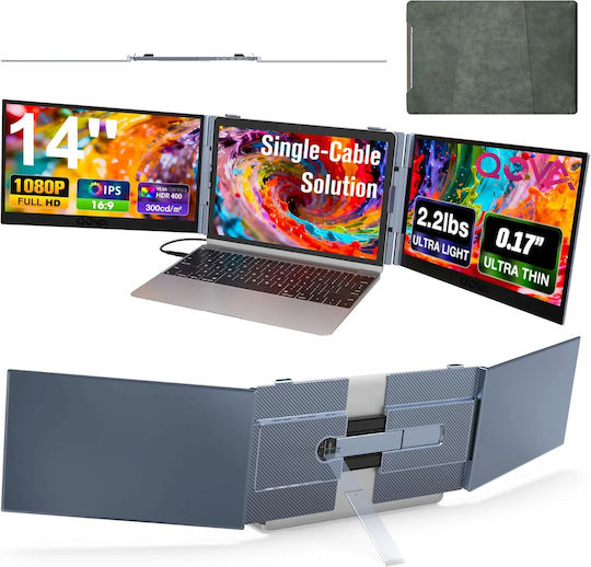 Monitor Portabil Extensibil Laptop Qova 14 Inch Extensie Ecran Dual Ips Full Hd 1920 × 1080 100% Srgb 300 Nits Ecran Mare 16:9 Extensor Ecran Compatibil Laptopuri 11.6–15.7” Pliabil Compatibil Ios Android Windows Mac
