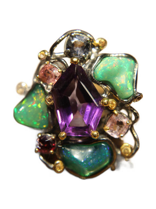 Artistic Silver Ring Amethyst Opals Garnet Size 14.5
