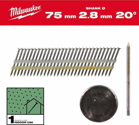 Milwaukee Нокти 20° С Пръстеновидна Кръгла Глава Светли 75mm 1750бр M18 Ffn21