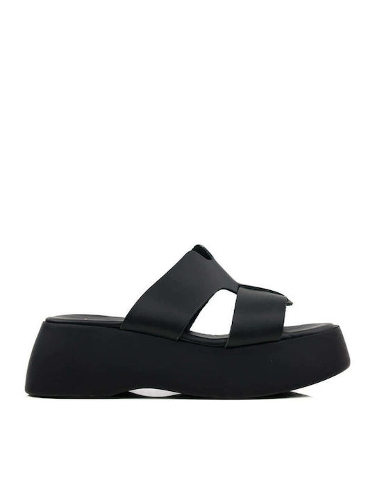 Μαύρα Flatform Παντόφλες Διπλό Δερμάτινο Λουρί
