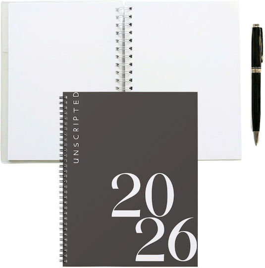 Agendă Zilnică A5 2026 Neagră Spirală 14x21 cm