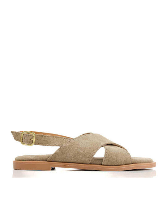 Beige Leather Suede Sandals Crossover Straps