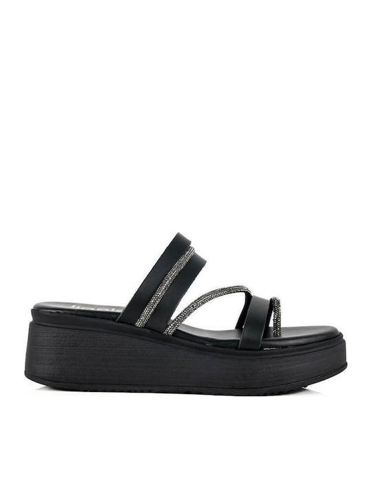 Schwarze Leder Flatforms Dünne Metallisierte Ri...