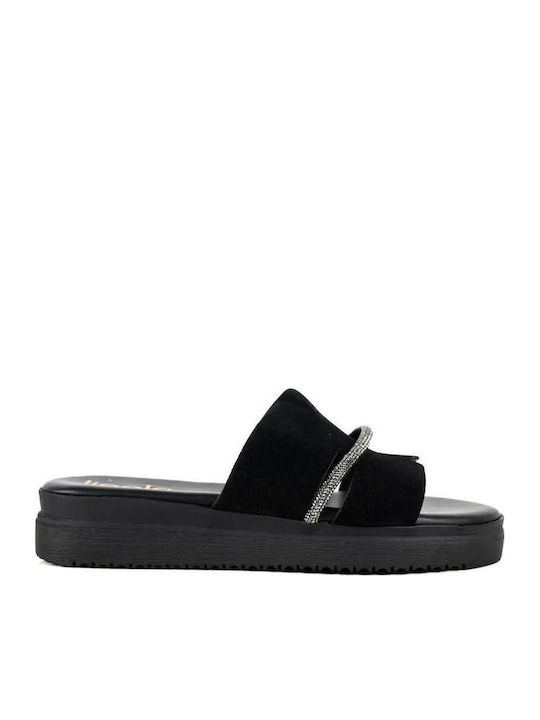 Μαύρα Flatform Παντόφλες Strass Λεπτομέρεια