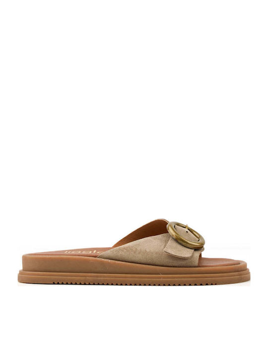 Flatforme Bej Din Piele Papuci Cu Inel Metalic