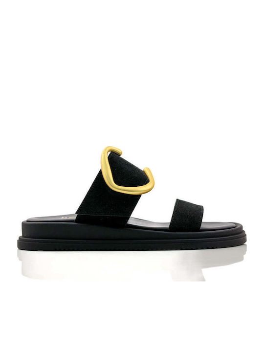Μαύρες Flatform Παντόφλες Χρυσό Μεταλλικό Στοιχείο