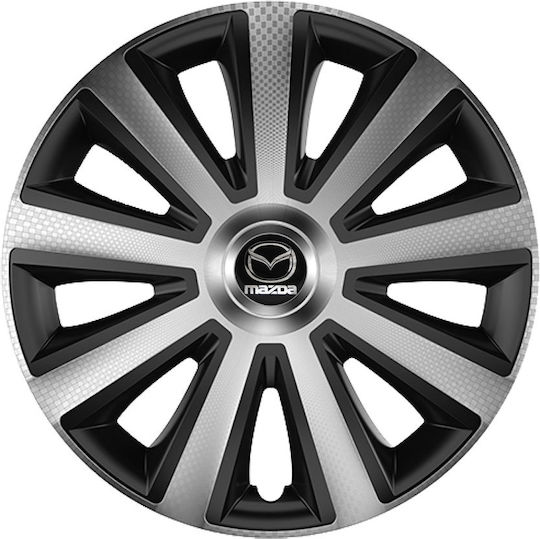 Car Wheel Hubcaps Versaco Aviator Carbon Chrome & Black 14" 3D Metal Logo Mazda 4 Pieces