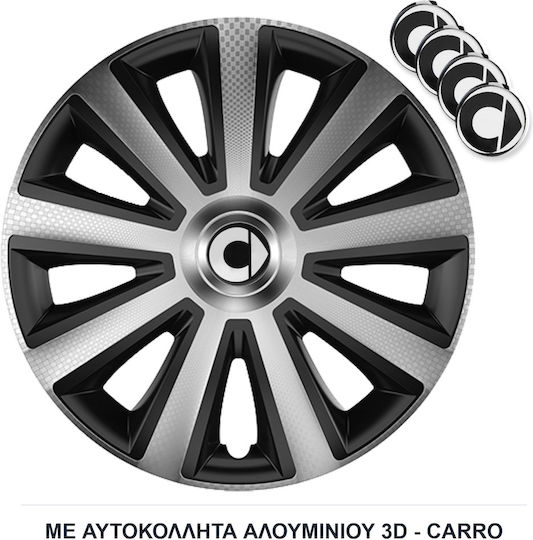 Car Wheel Hubcaps Versaco Aviator Carbon Chrome & Black 14" 3d Metal Logo Smart 4 Pieces