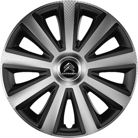 Car Wheel Hubcaps Versaco Aviator Carbon Chrome Black 14" 3D Metal Logo Citroen 4 Pieces