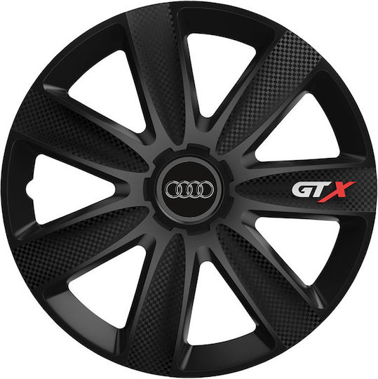 Car Wheel Hubcaps Versaco Gtx Carbon Black 15" 3d Metal Logo Audi 4 Pieces