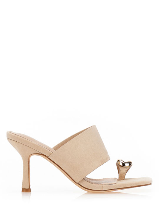 Tsoukalas Suede Mules με Ψηλό Τακούνι σε Μπεζ Χ...