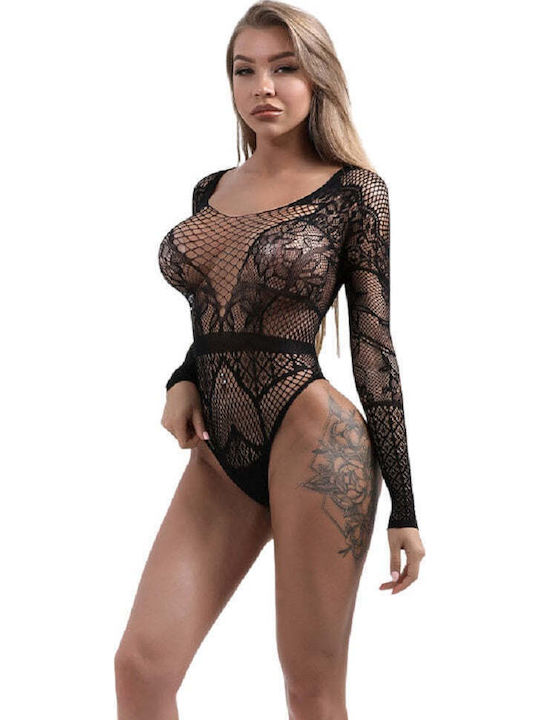 Body Sexy Negru Cu Dantelă Plasă Cu Mâneci Lungi Teddy O S