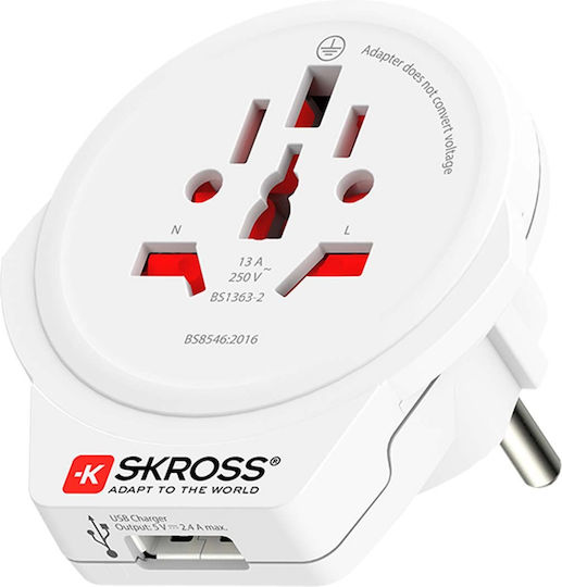 Skross Adaptor De Călătorie World La Europa 2/3 Poli Usb Alb