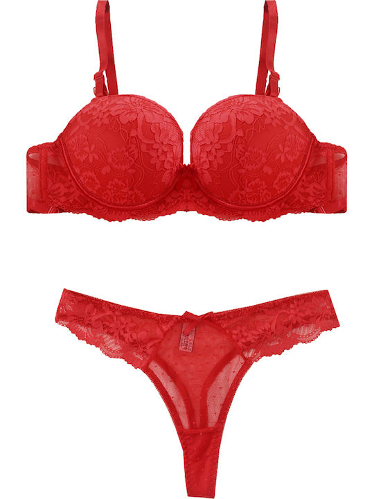 Join Lace Underwear Set Bra with Slip Red