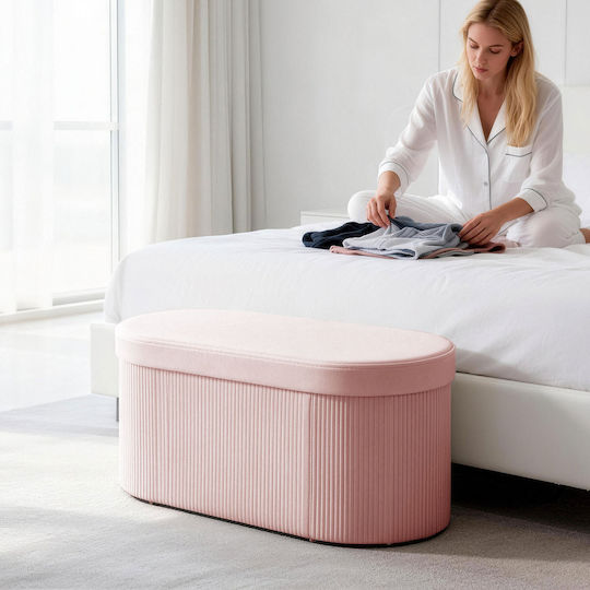 Collapsible Bench Stool With Storage Space Upholstered In Pink Velvet 76x38x35cm