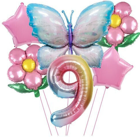 Set 6 Luftballons Zahlen 9 Blumen Folie Mehrfarbig