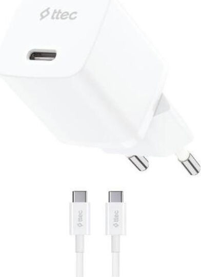 TTEC GaN Charger with USB-C Port and USB-C - USB-C Cable 30W Power Delivery White SmartCharger