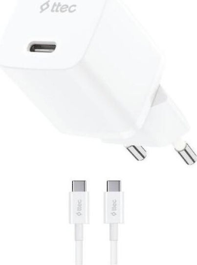 TTEC GaN Charger With USB-C Port And USB-C - USB-C Cable 20W Power Delivery White SmartCharger