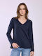Celestino Women's Long Sleeve Cotton Blouse Dark Blue