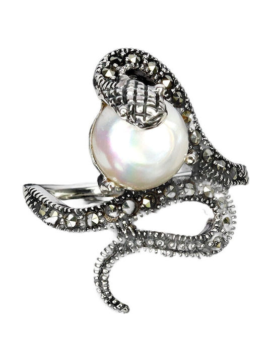 925 Stunning Silver Ring Natural Marcasites Pearl Size 15 Snake