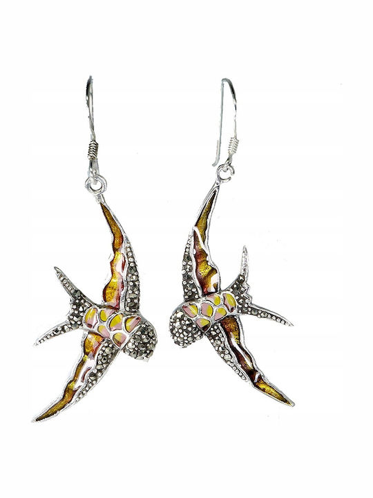 Silver 925 Enamelled Earrings Natural Marcasite Swallow Bird 2