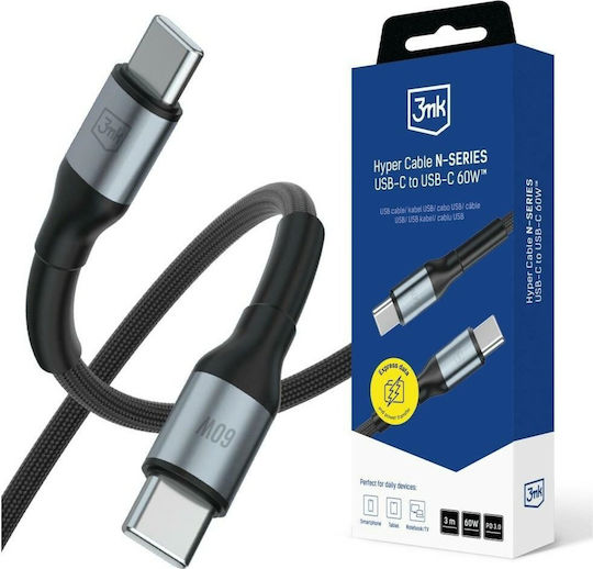 3MK Cablu Hyper USB 2.0 USB-C Masculin - USB-C 60W Negru 3m