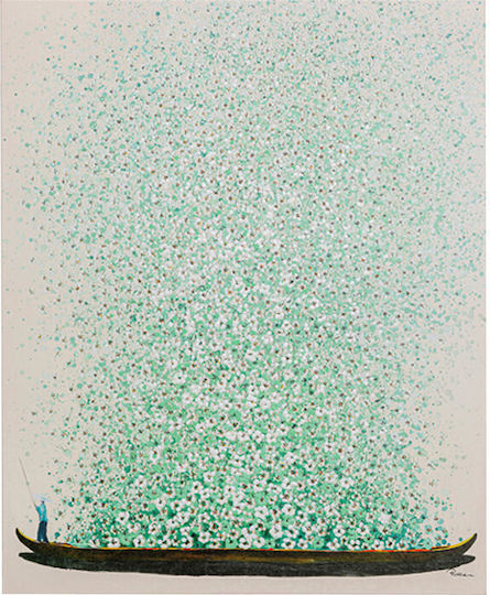 Segeltuch Gemälde Blumenboot Beige Grün 40x50cm
