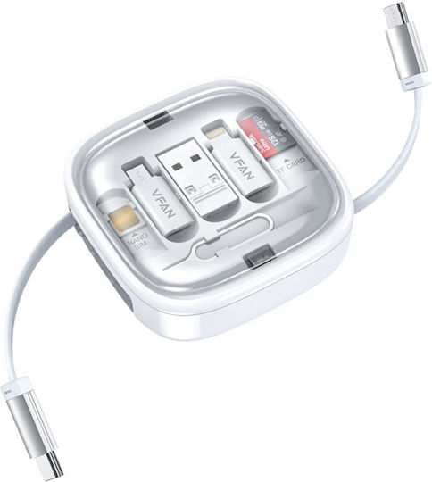 VFAN Retractable USB to Type-C / Lightning / micro USB Cable 3A White 1m