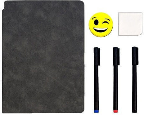 Set Planificator Reutilizabil A5 Pagini Whiteboard Pagini Albe Planificator Șters Uscat 3 Markere 1 Burete 1 Cârpă De Curățare Portabil 24 X 16.5 Cm Copertă Din Piele Neagră