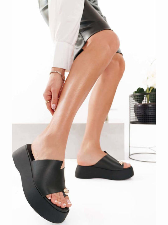 Μαύρες Flatform Παντόφλες Χρυσό Διακοσμητικό