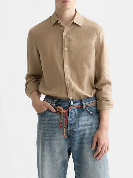 Long Sleeve Linen Shirt In Regular Fit Beige