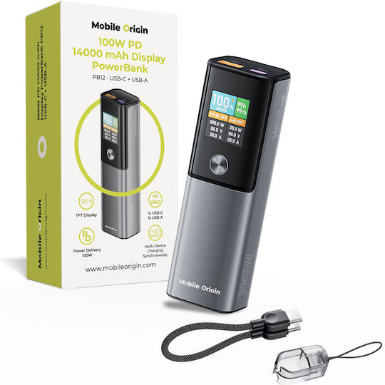 Mobile Origin PB12 Външна Батерия 14000mAh 100W с USB-A Порт и USB-C Порт Power Delivery Прозрачна