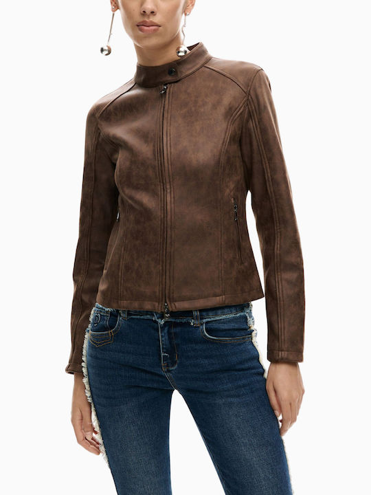 Desigual Κοντό Γυναικείο Μπουφάν για Χειμώνα Brown