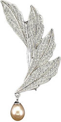 Silver Brooch Natural Creamy Pearl Zirconia Leaf 925