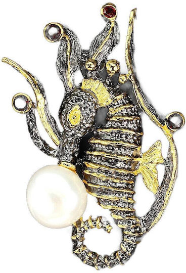 Songea Seepferdchen Brosche Perlen Granat 925 Silber