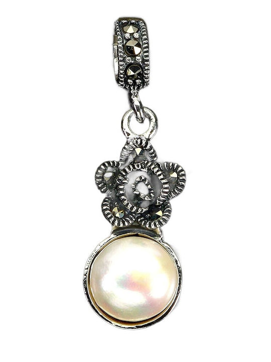 925 Silver Delicate Pendant Elegant Natural Marcasite Pearl Flower