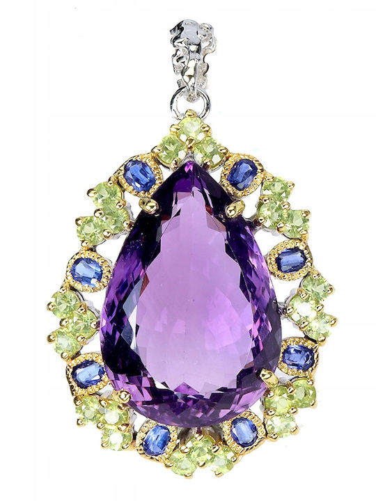 Spectacular Silver Pendant Natural 47ct Amethyst Olivine Kyanite