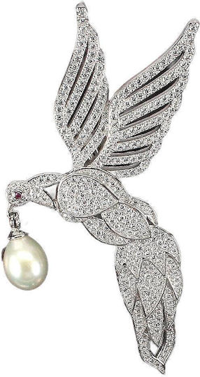 Silver Brooch Natural Cream Pearl Zircon Bird 925