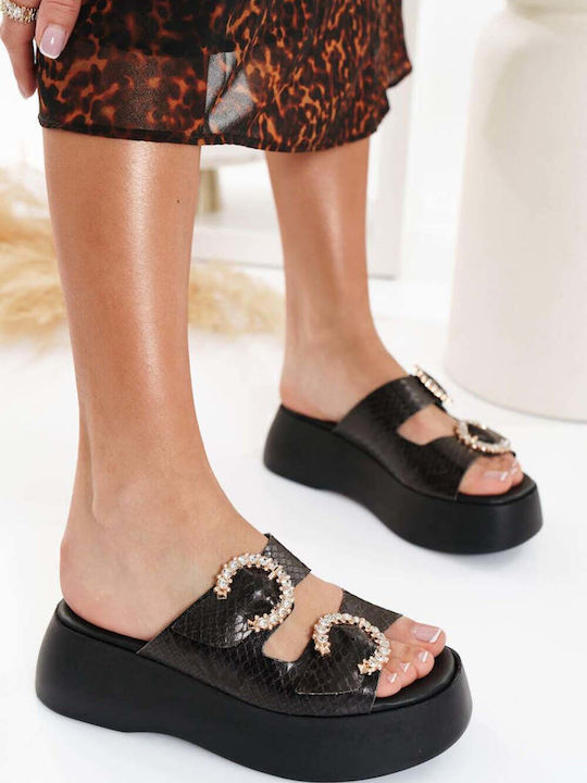Μαύρα Flatforms Snake Print Διακοσμητικές Αγκράφες