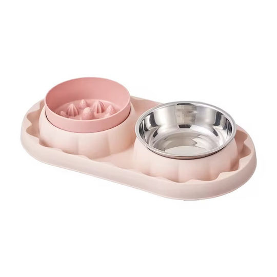 Bol Din Plastic Pentru Hrană și Apă cu Hrănire Lentă Pentru Câine cu Suport 2x 36cm în Culoare Roz