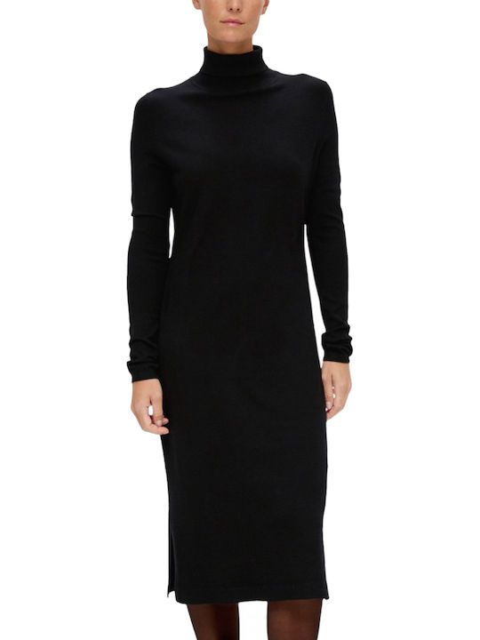 Rochie Midi cu Guler Înalt Neagră